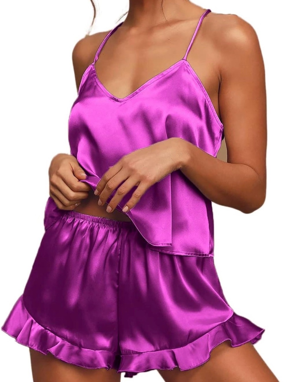Satin Sleep Set Cami & Ruffle Shorts in Fushia